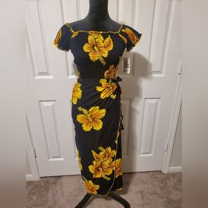 Yellow Hawaiian Hibiscus Print Wrap 2pc Wrap Skirt and Top
